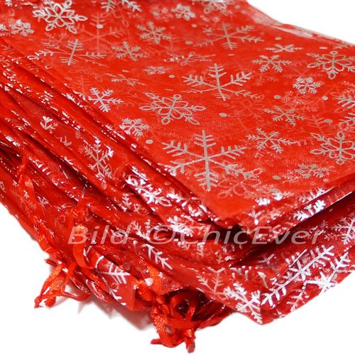 Schmuckbeutel 16,5x22cm Organzabeutel Verpackung rot silber Weihnachtsmotiv Schneeflocken